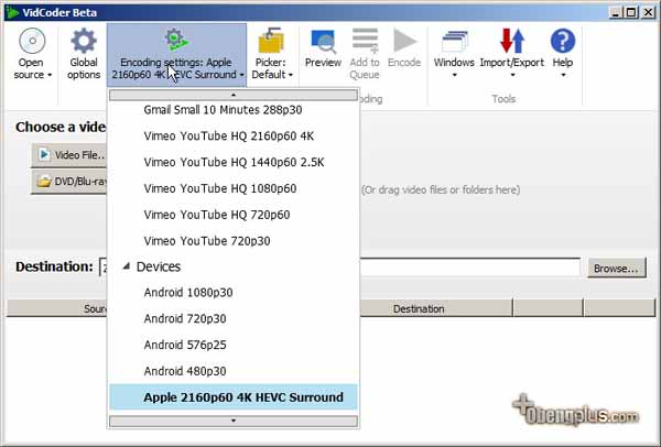 Memilih format output video encoding dengan Vidcoder
