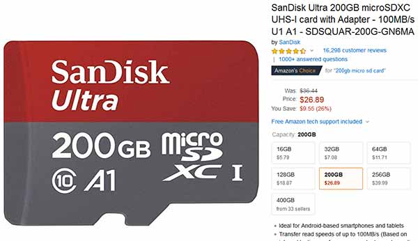 Sandisk Ultra 200GB class 10 A1 microSD