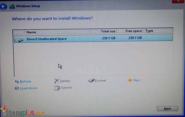 Pilih harddisk untuk partisi Windows 10