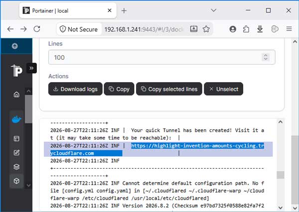 Link Trycloudflare di Logs Stack Portainer