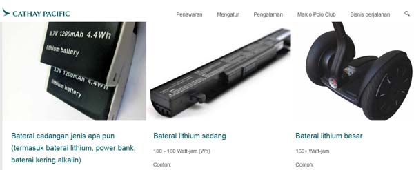 Aturan membawa baterai lithium di pesawat - Cathay Pacific