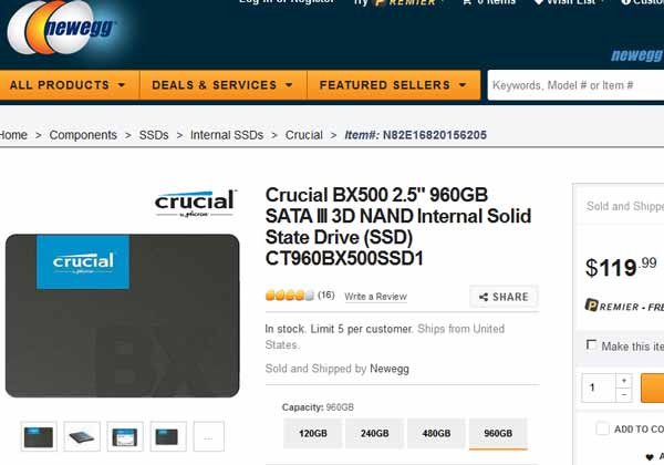 SSD Crucial BX500 untuk kelas pemula murah kapasitas dari 120GB 
sampai 980GB