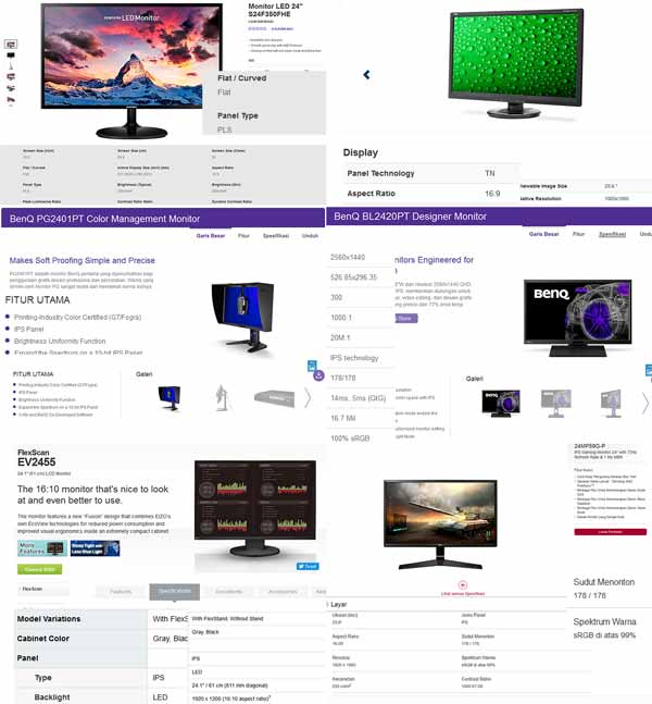 Mengetahui tipe panel LCD monitor dari merek spesifikasii produsen
 