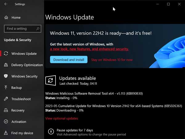 setting Windows 10 update auto