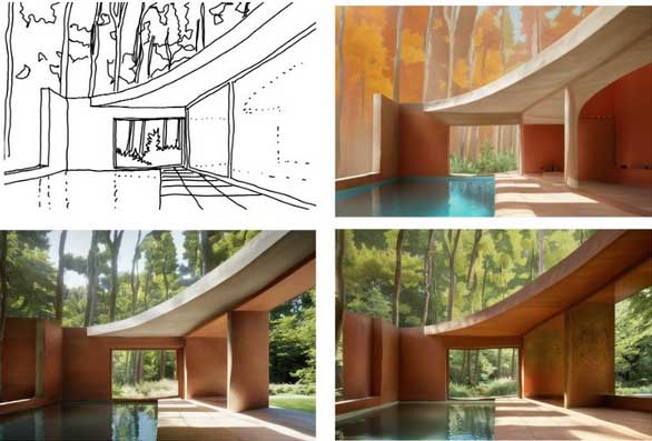 Gambar sketsa dengan Ai menjadi gambar gedung atau banguna instan