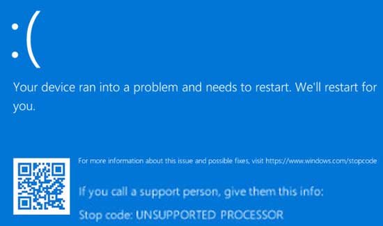 Update Windows BSOD UNSUPPORTED_PROCESSOR