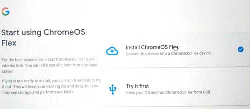 Install ChromeOS Flex select Install ChromeOS Flex to storage