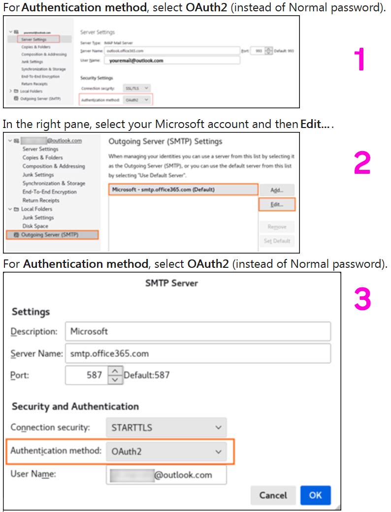 Setting email Outlook Thunderbird Modern Authentication