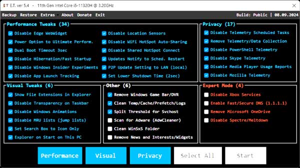 ET Optimizer Windows tweak Windows Script